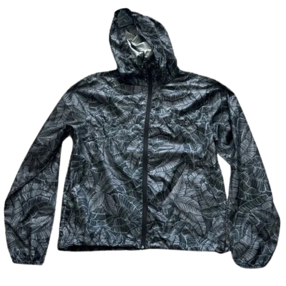 Resolution Women’s Gray Leaf Pattern Hooded Waterproof Windbreaker Jacket Size M